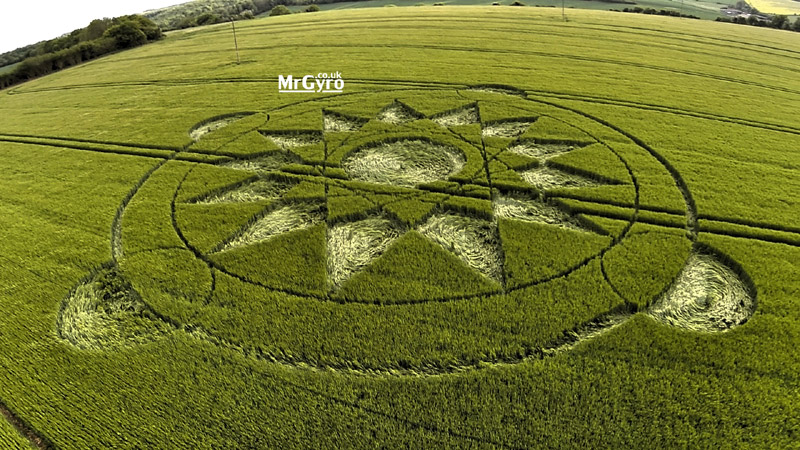 Manton Drove, Nr. Marlborough, Wiltshire. 24 May 2015. Wheat. c. 90ft diameter, A central flattened circle surrounded by a tracery of fine lines depicting triangles with an outer set of 13 lozenge shapes. The tips touching a circular line; all within an outer circle with four outer circles bisected by the outer circular line.