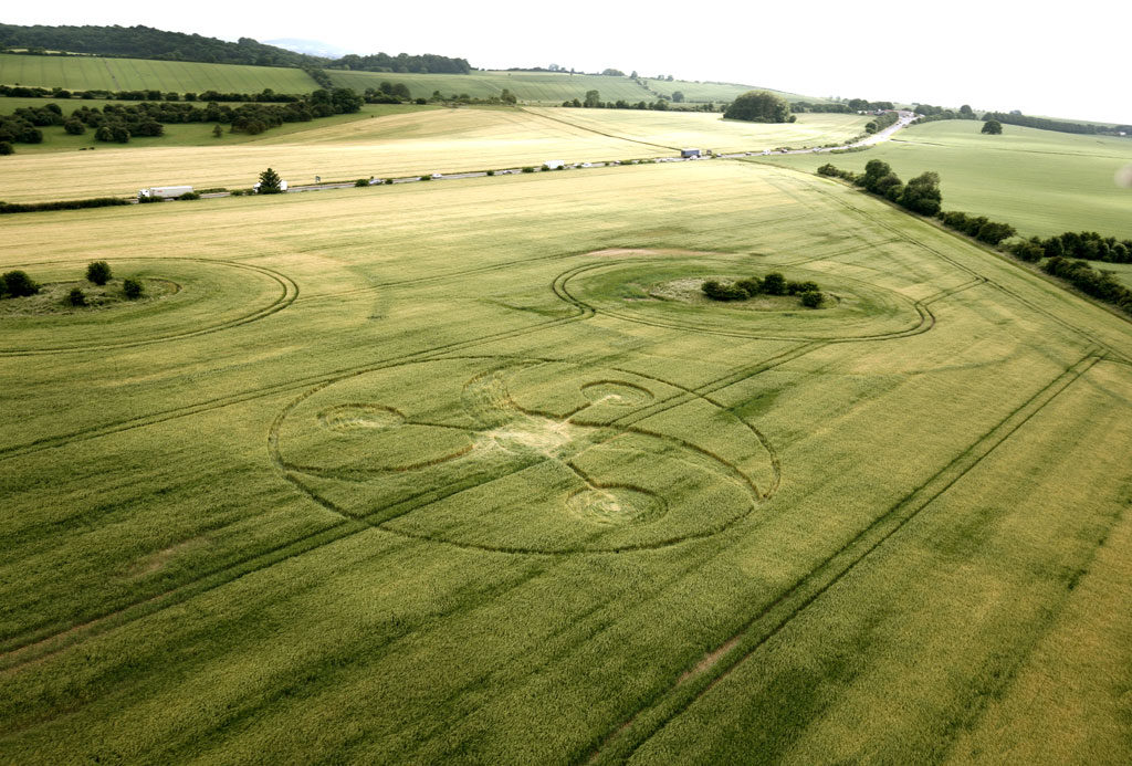 Keysley Down, Nr Chicklade, Wiltshire. 10th June 2018. c. 100 feet (30.5m) diameter. Barley. A circle containing three equally spaced curved blades with three equally spaced lollipops in between.