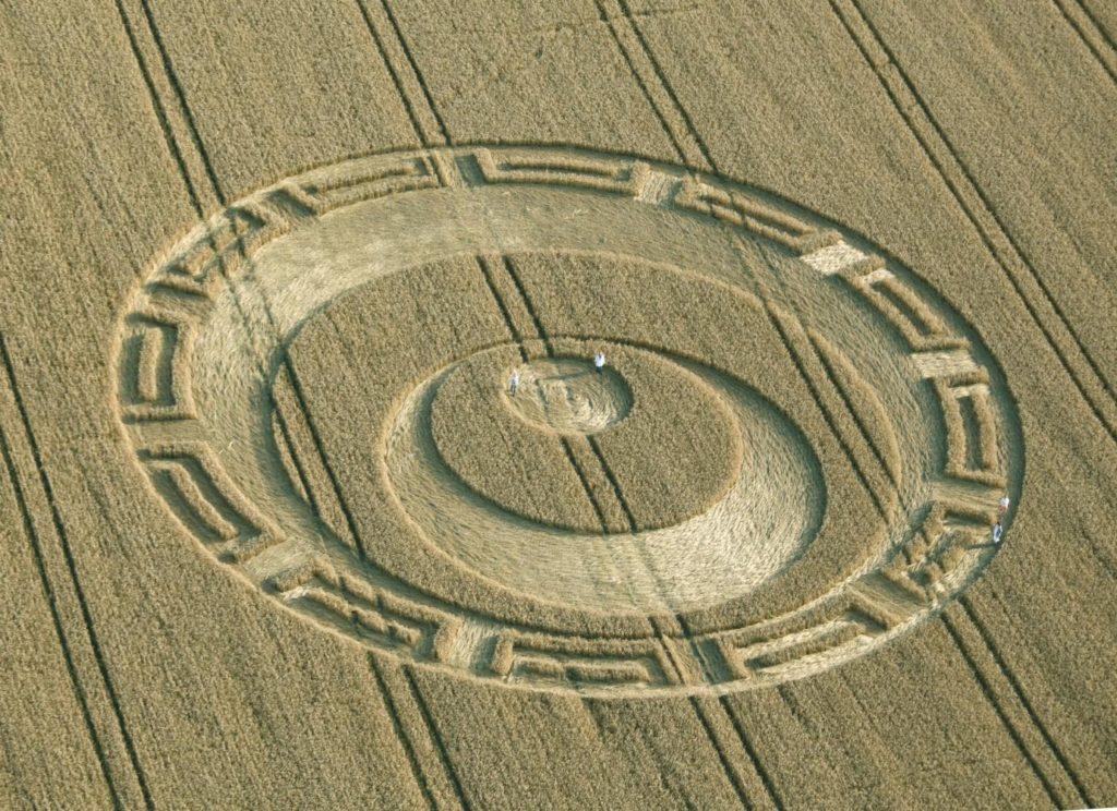Etchilhampton, near Devizes, Wiltshire. 20th August 2019. c. 200 feet (61m) diameter. Wheat.Flood water surrounds St Michael and All Angels church in Tirley, Gloucestershire. Photograph: Steve Parsons/PA
