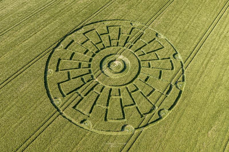 Dorset. 1st June 2020. Barley, c.130 feet (39.5m) A complex series of concentric circles divided into multiple radial 'checker board' portions. By kind permision of STONEHENGE DRONESCAPES PHOTOGRAPHY COPYRIGHT 2020