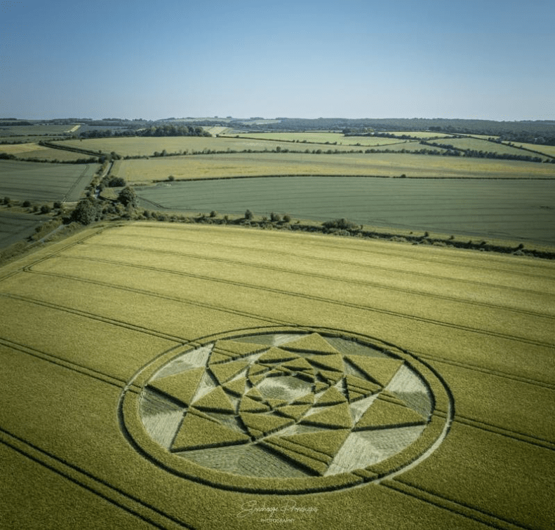 Shaw Hill, Nr Ludgershall, Wiltshire. Reported 14th June. Barley. 180 feet (54.5m) diameter